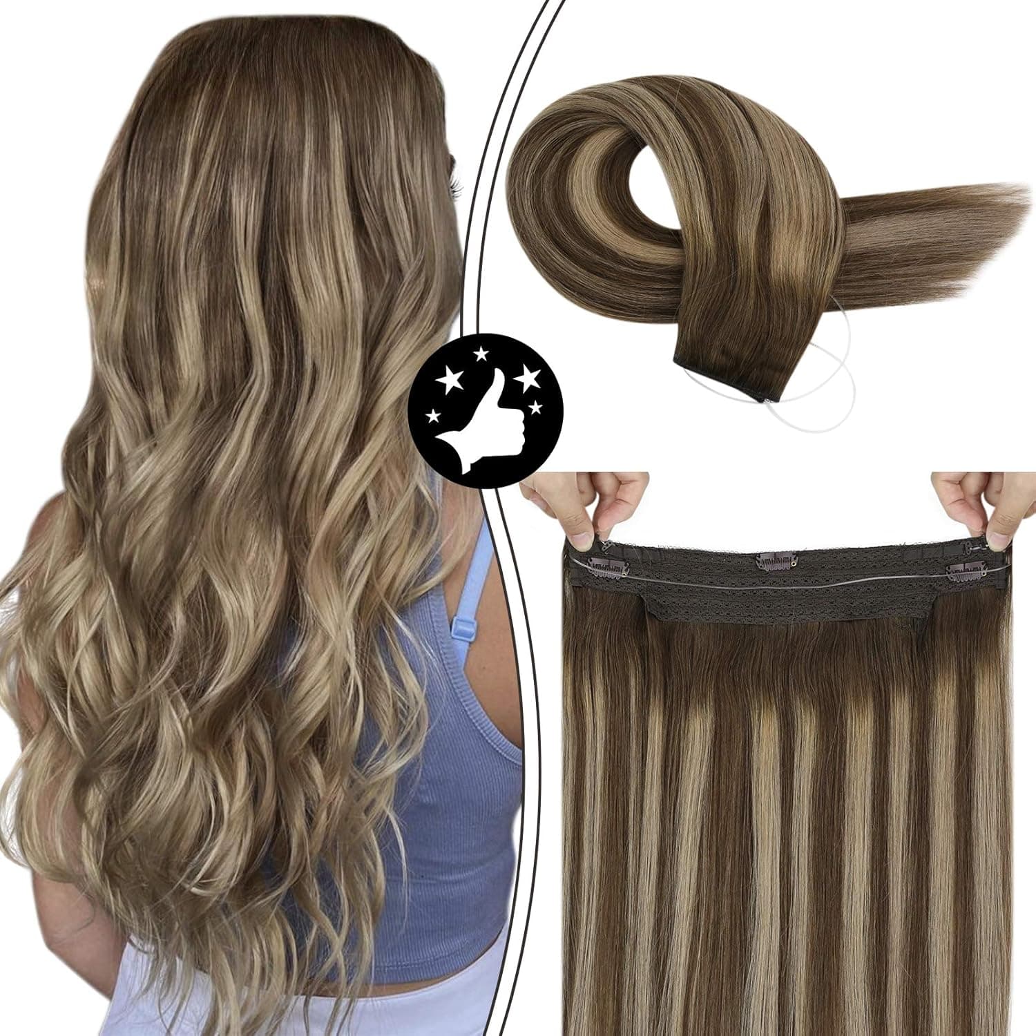 [CLEARANCE] Moresoo Hair Extensions 16 Inch Halo Brown Hair Extensions Remy Hair Extensions Blonde Color #4 Ombre #27 Caramel Blonde with #4 Brown Halo Hair Extensions 80G