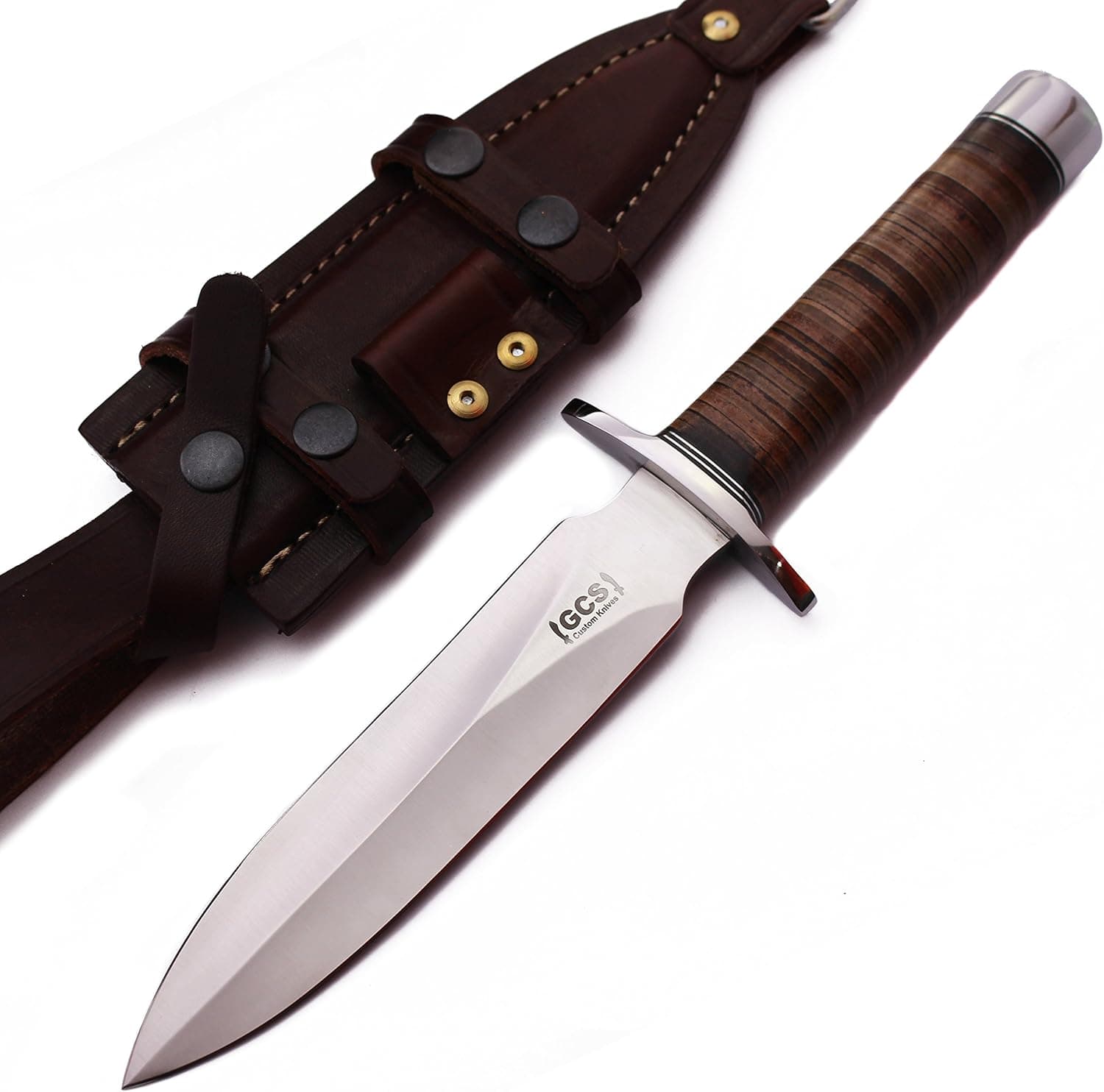 GCS Handmade Stacked Leather Handle D2 Tool Steel Tactical Hunting Knife with leather sheath Full tang blade designed for Hunting & EDC GCS 8