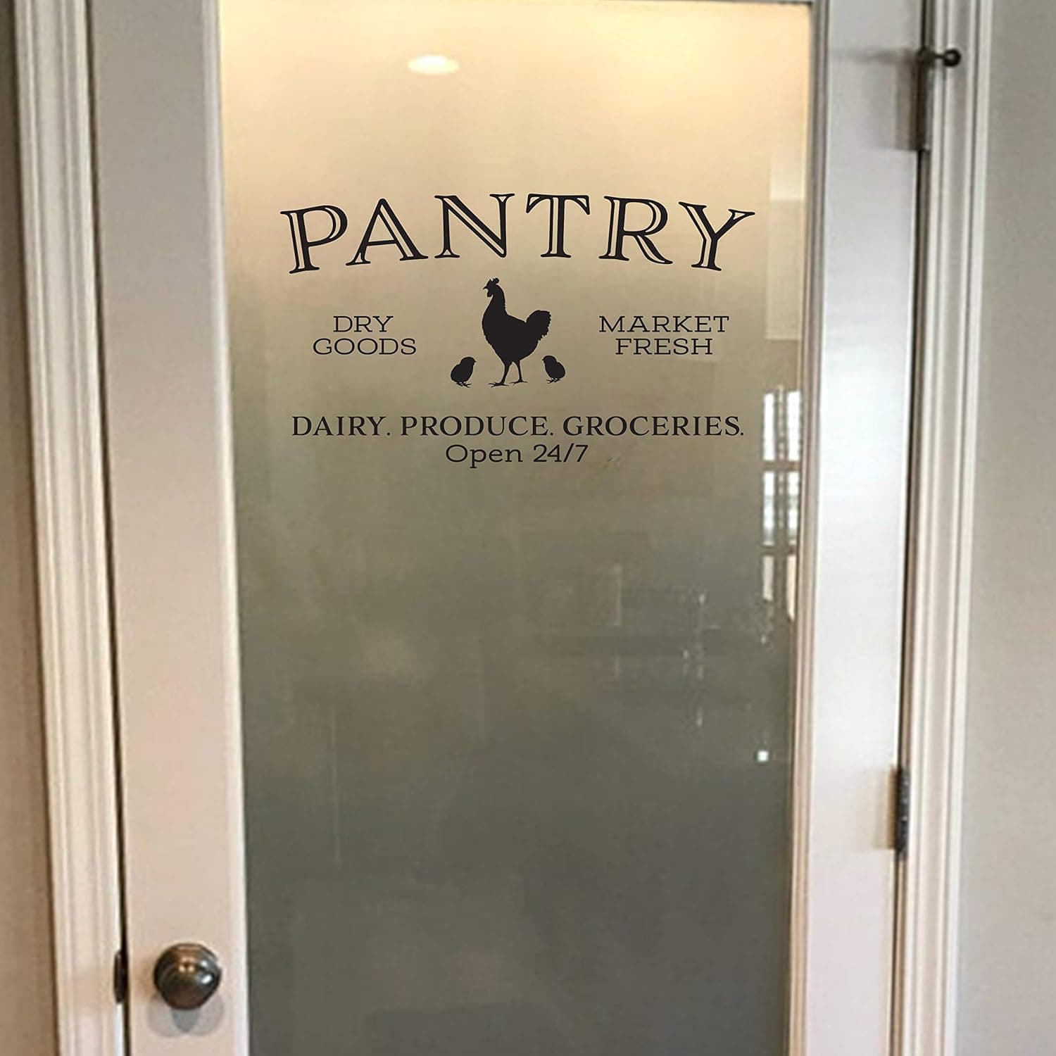 Moira Pantry Dry Goods Market Fresh Dairy Produce Groceries Open 247 Glass Door Wall Decal Decor Sign Kitchen Door Chicken Rooster HH2254 Decal Sticker
