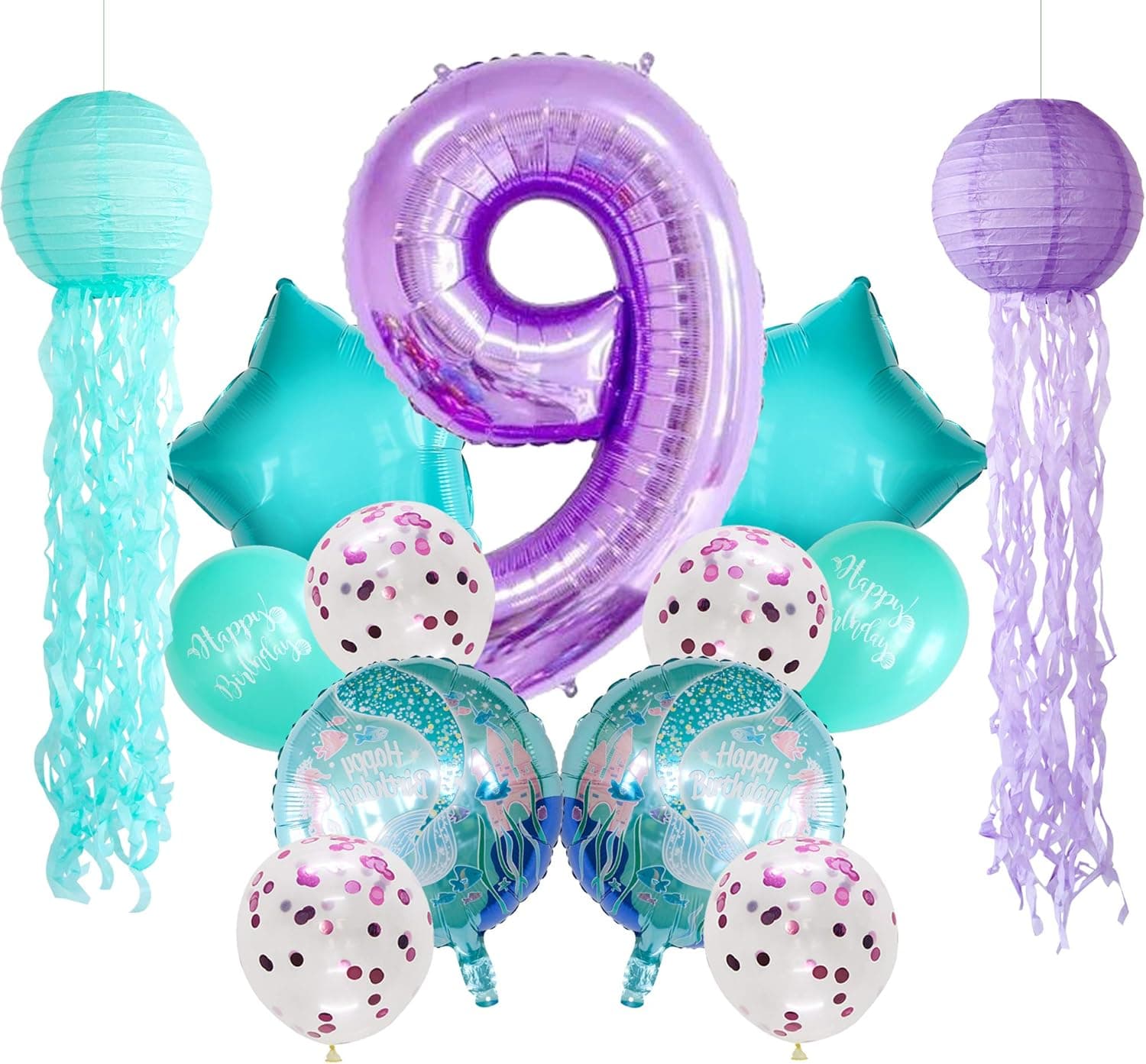 ADLKGG 9th Mermaid Birthday Party Decorations for Girls, Under the Sea Party Supplies Hanging Jellyfish Paper Lanterns Balloons Number 9 Foil Balloons for Mermaid 9th Birthday Party Decorations