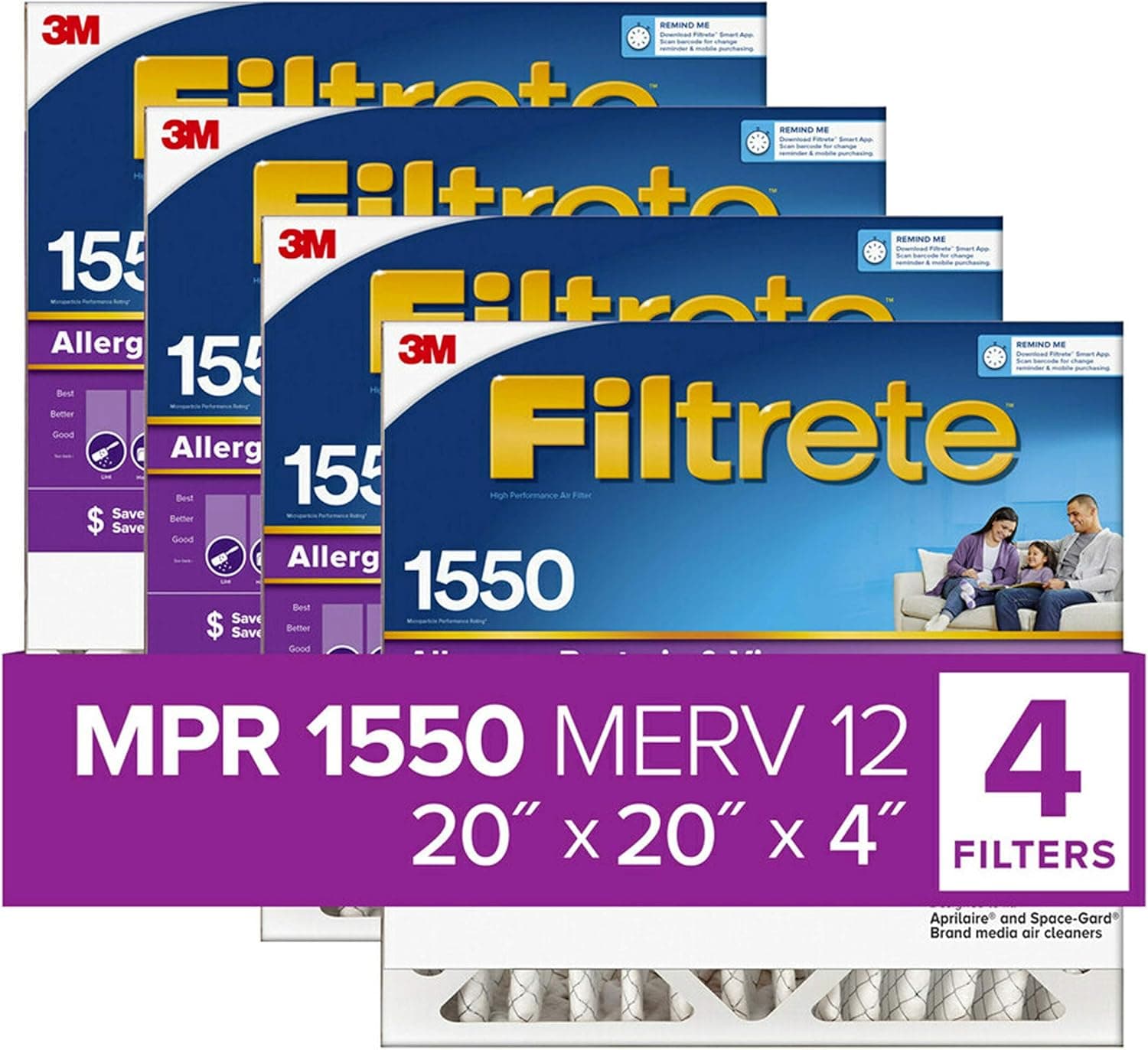 Filtrete 20x20x4 Air Filter MPR 1550 DP MERV 12, Healthy Living Ultra Allergen Deep Pleat, 4-Pack, Fits Lennox & Honeywell Devices (exact dimensions 19.88 x 19.88 x 4.31)