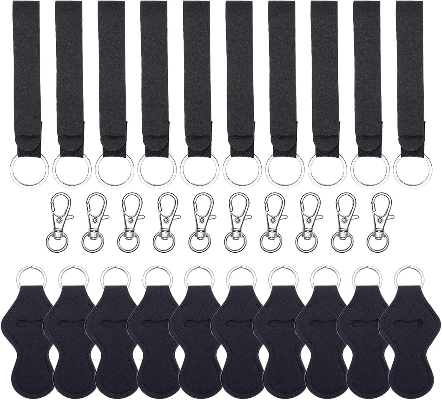 20 Pack Sublimation Blanks Chapstick Holder Keychains, Neoprene Lipstick Holder Keychainr with Lanyards Wristlet and 10 Metal Clip Cords,Black