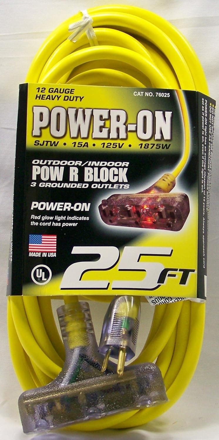 US Wire 76025 Outdoor Vinyl LIGHTED Yellow Cord, Lighted POW-R-BLOCK, 300V, SJTW, UL, cUL, 12/3 Gauge 25' Length