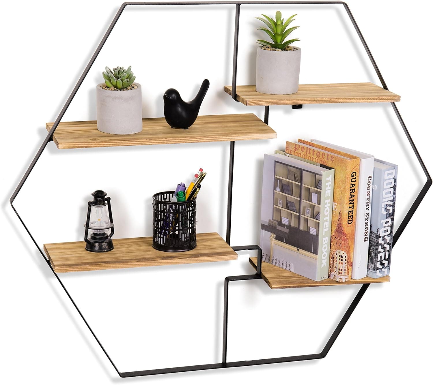 MyGift 4-Tier Decorative Burnt Wood Wall-Mounted Floating Display Shelf Rack with Geometric Hexagon Design Metal Frame
