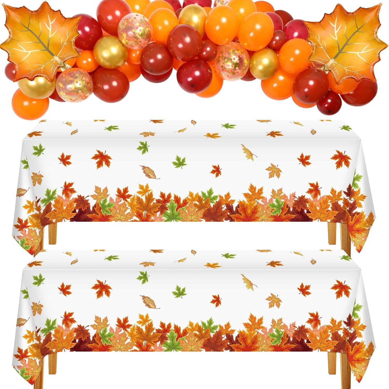 HyDren 2 Pcs Thanksgiving Fall Tablecloth Disposable Maple Leaf Table Clothes with 37 Autumn Balloons Orange Gold Coffee Leaves Foil for Party Decorations Supplies