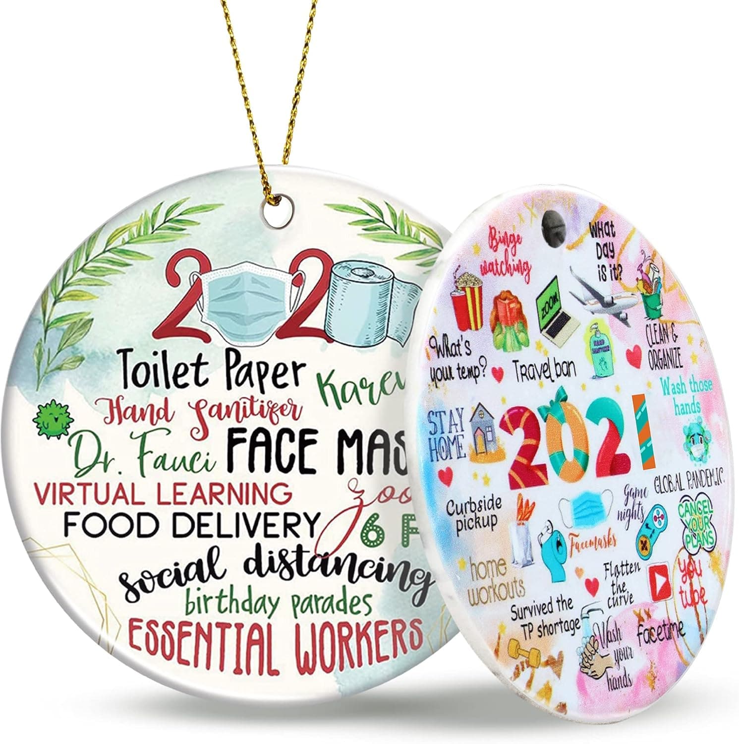 BTYSUN 2021 Christmas Ornaments Funny Xmas Decorations Round Ceramic Pandemic Christmas Decorations for Tree Ornament Gift for Family Two-Side Printed Home Decor