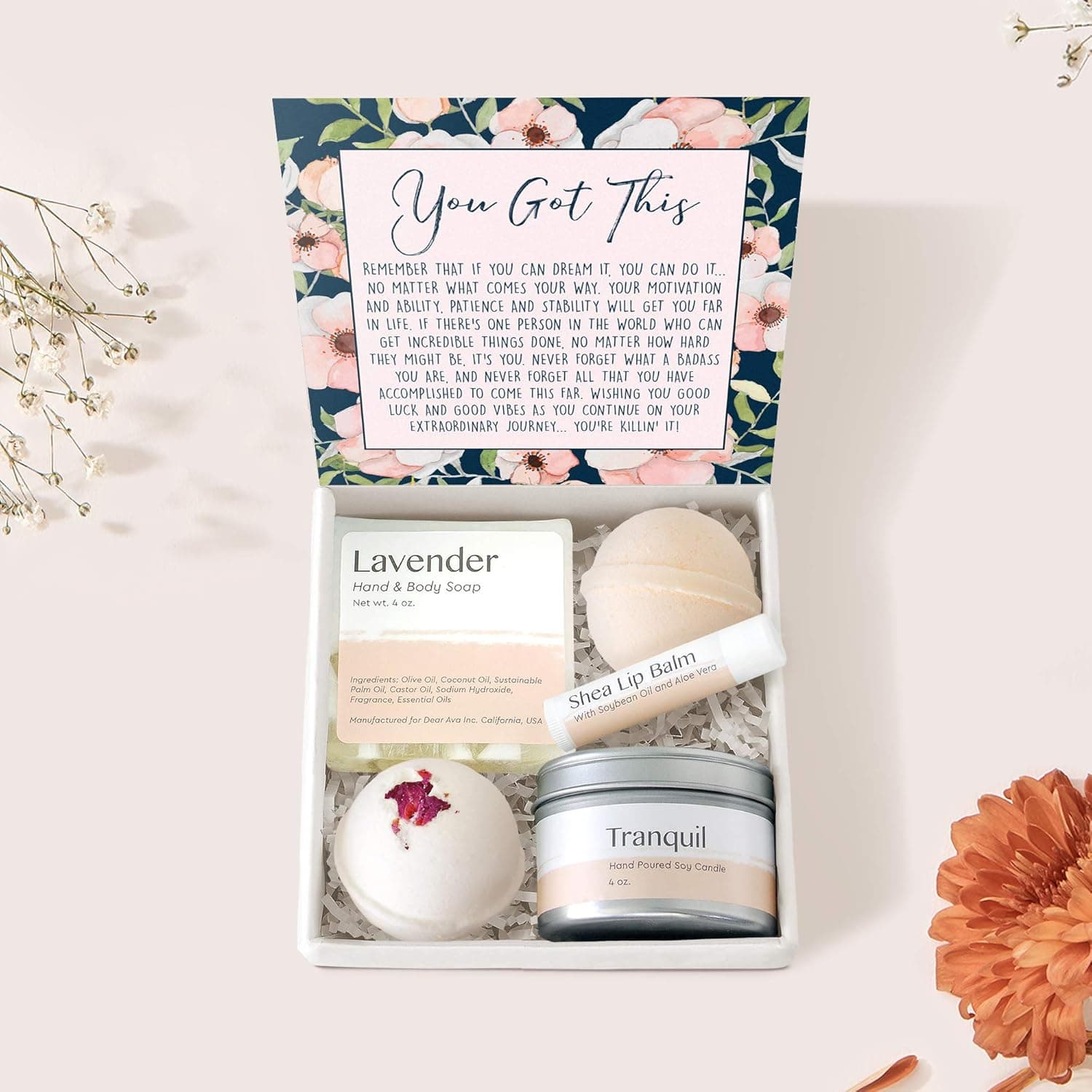 Dear Ava Spa Gifts for Women - Organic Self Care luxury Anti Stress Relaxing Bath and Body Kit Set Basket Box for Her with Heartfelt Card - Motivational and Inspirational Gift