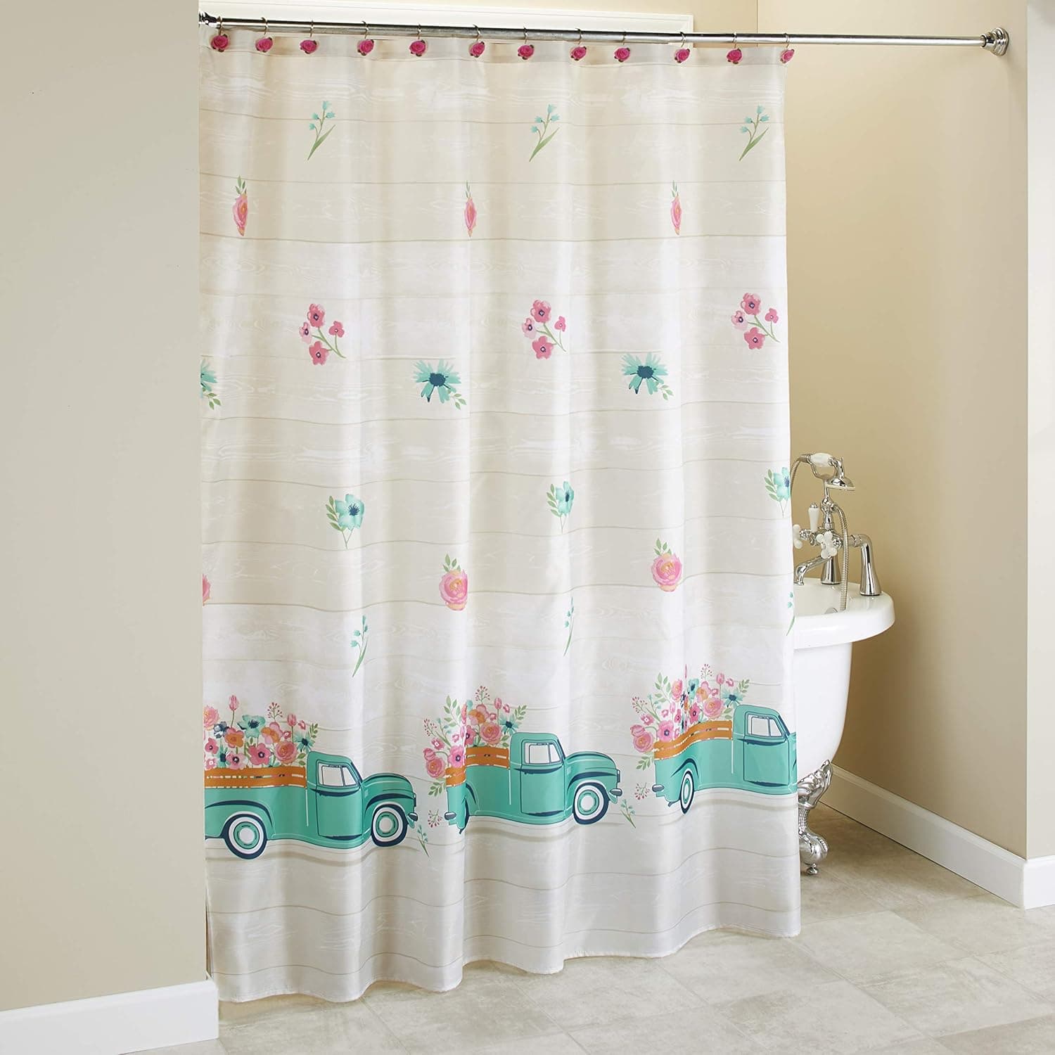 The Lakeside Collection Spring Truck Shower Curtain with Vintage Truck Floral Print