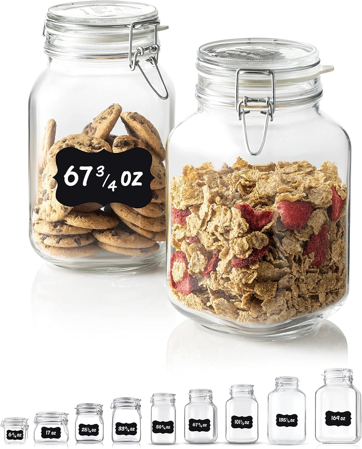 Bormioli Rocco Glass Fido Jars - Hermetic Sealed Hinged Airtight Lid for Fermenting, Pantry, Kitchen Storage Jars, Bulk Food Storage Containers, With Paksh Chalkboard Labels (2 Pack) (67 3/4 Ounce (2 Liter))