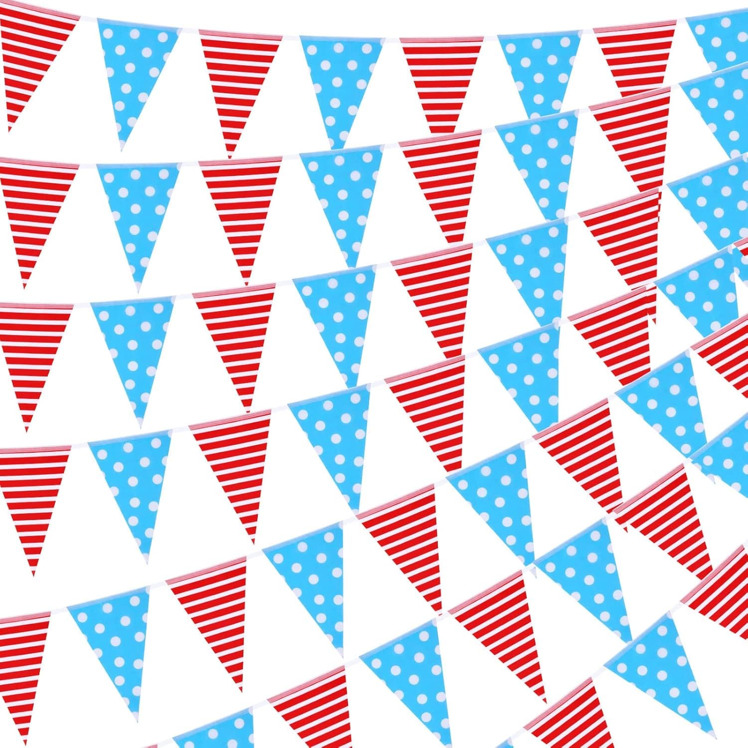 32.81 ft 60 Pcs School Carnival Banner White and Blue Pennant Banner Flags Striped and Dot Triangle Bunting Flags for Kids Classroom Birthday Party Carnival Decorations, 3 Strips
