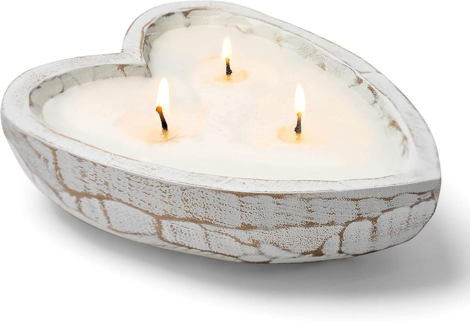 Jollifiers Heart Dough Bowl Candle - Romantic Candles with Candle Snuffer & Heart Candles: Three Wick Candle in Heart Shaped Candle. White Hearts Dough Bowl Candles or Acacia Wooden Candle Bowl