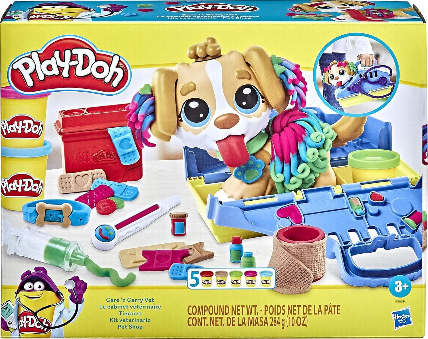 Play-Doh Care 'n Carry Vet Playset for Kids 3 Years and Up with Toy Dog, Storage, 10 Tools, and 5 Modeling Compound Colors, Non-Toxic