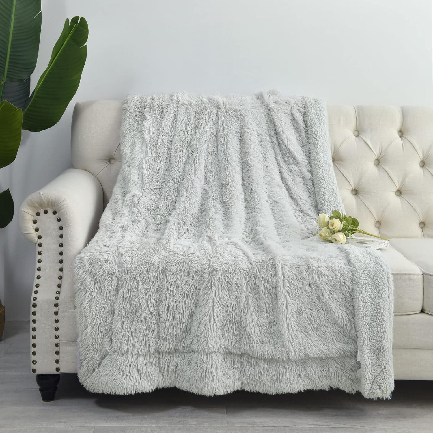 YJ.GWL Soft Shaggy Throw Blanket and Fluffy Long Plush Faux Fur Bed Throws Fuzzy Decorative Sherpa Fleece Blankets for Couch, Sofa,Chair 50 x 60 Inch Sliver Grey