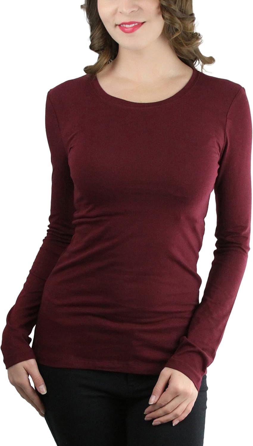 ToBeInStyle Women's Cotton-Blend Crew-Neck Staple Top with Long Sleeves