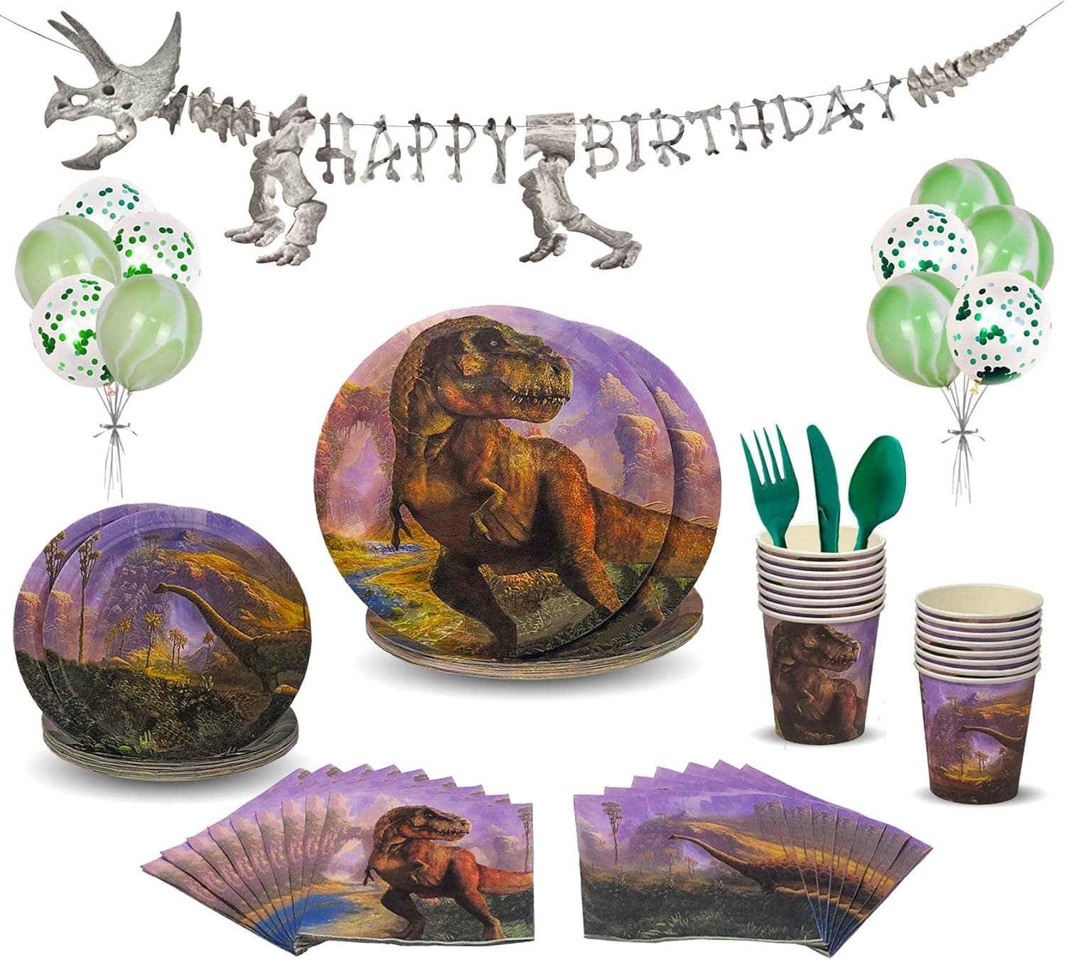 Dinosaur Party Supplies Set | Party In A Box | Serves 16 | 120+ Pieces | Decorations and Tableware | Dinosaur Happy Birthday Banner with Confetti Balloons | Disposable Tableware Set