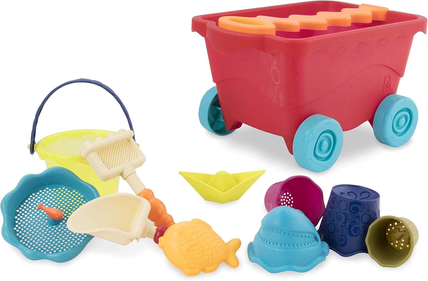 B. toys – Wavy-Wagon – Travel Beach Buggy (Red) with 11 Funky Sand Toys – Phthalates and BPA Free – 18 m+
