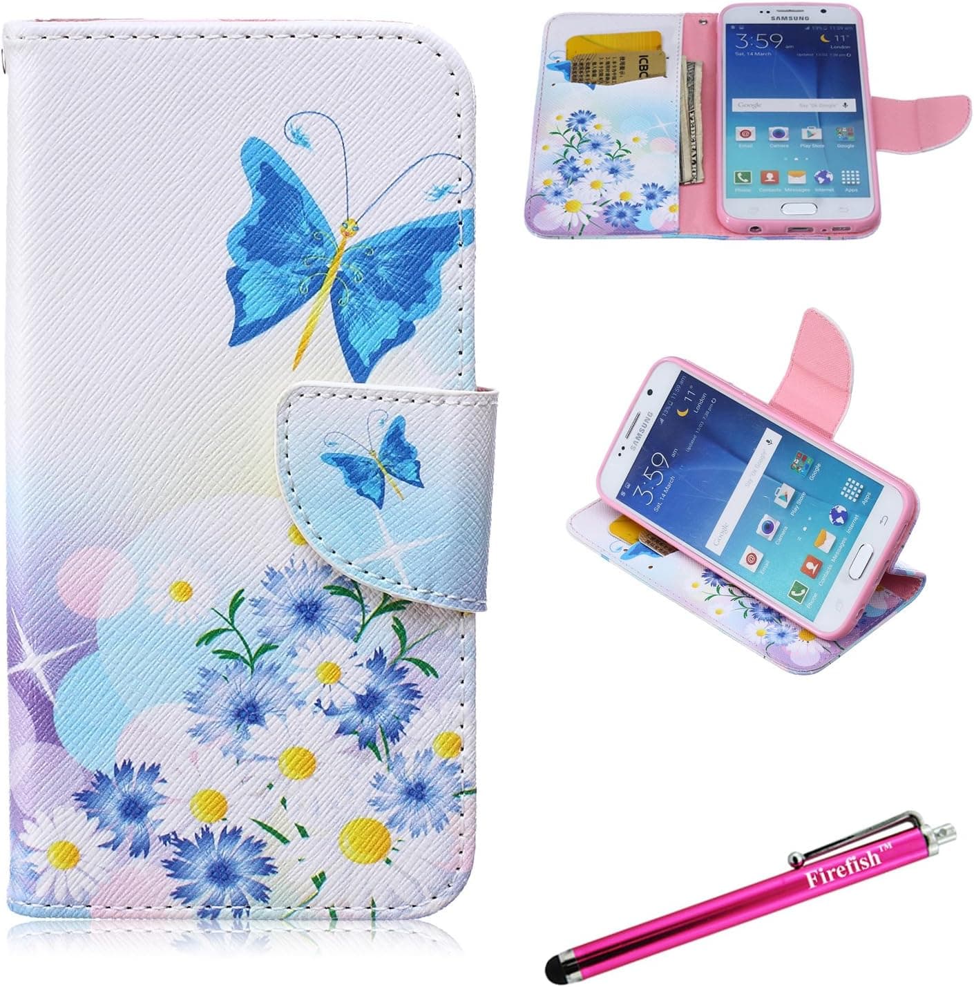 Galaxy S6 Case, Firefish Galaxy S6 Wallet Case [Kickstand] [Bumper] PU Leather Protective Skin Magnetic Closure Flip Flap for Samsung Galaxy S6 - Blue Butterfly