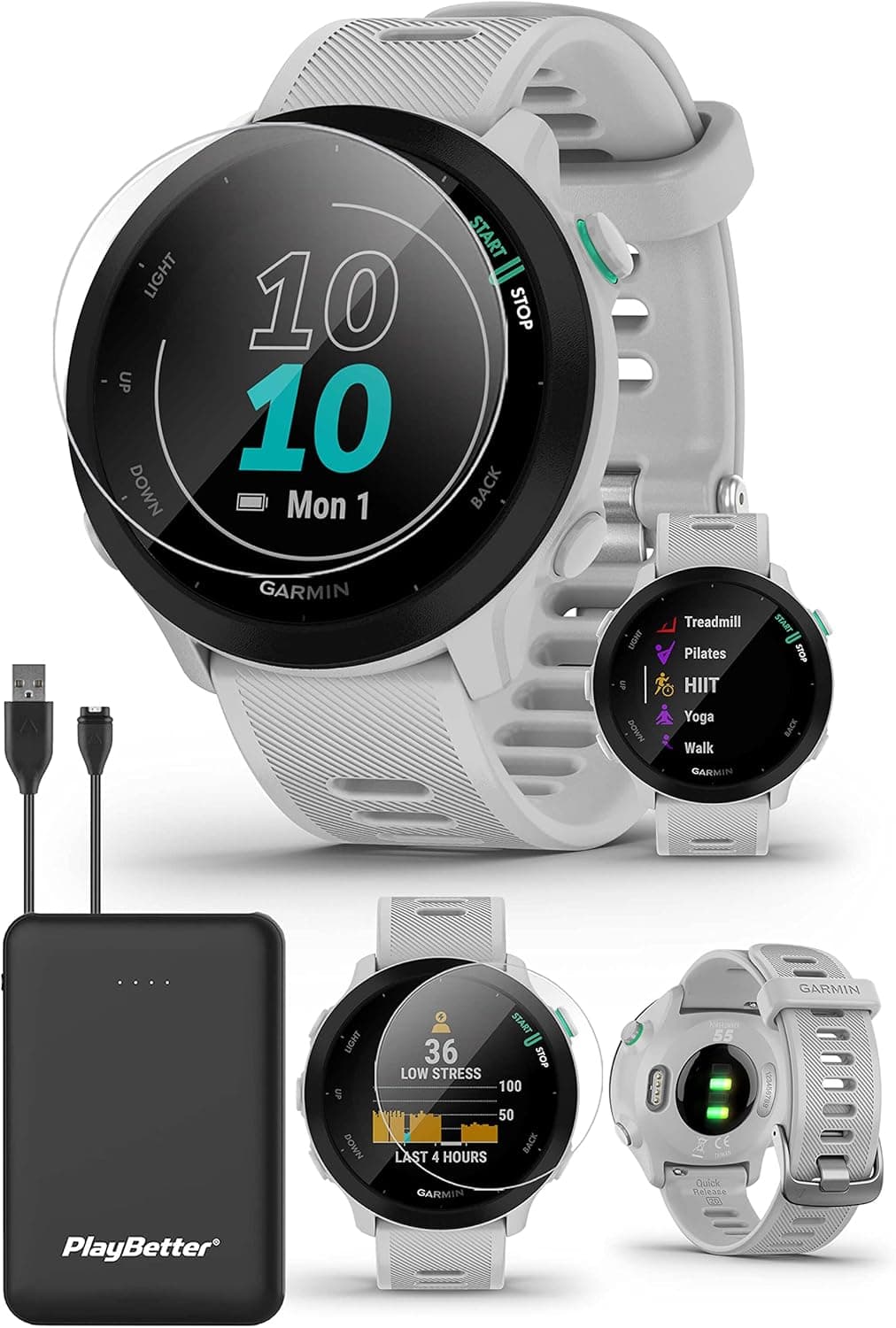 PlayBetter Garmin Forerunner 55 (White) GPS Running Watch | Beginner Friendly Heart Rate Monitor Watch with Time, Pace & Speed Tracker | Power Bundle Tempered Glass Protectors & Portable Charger