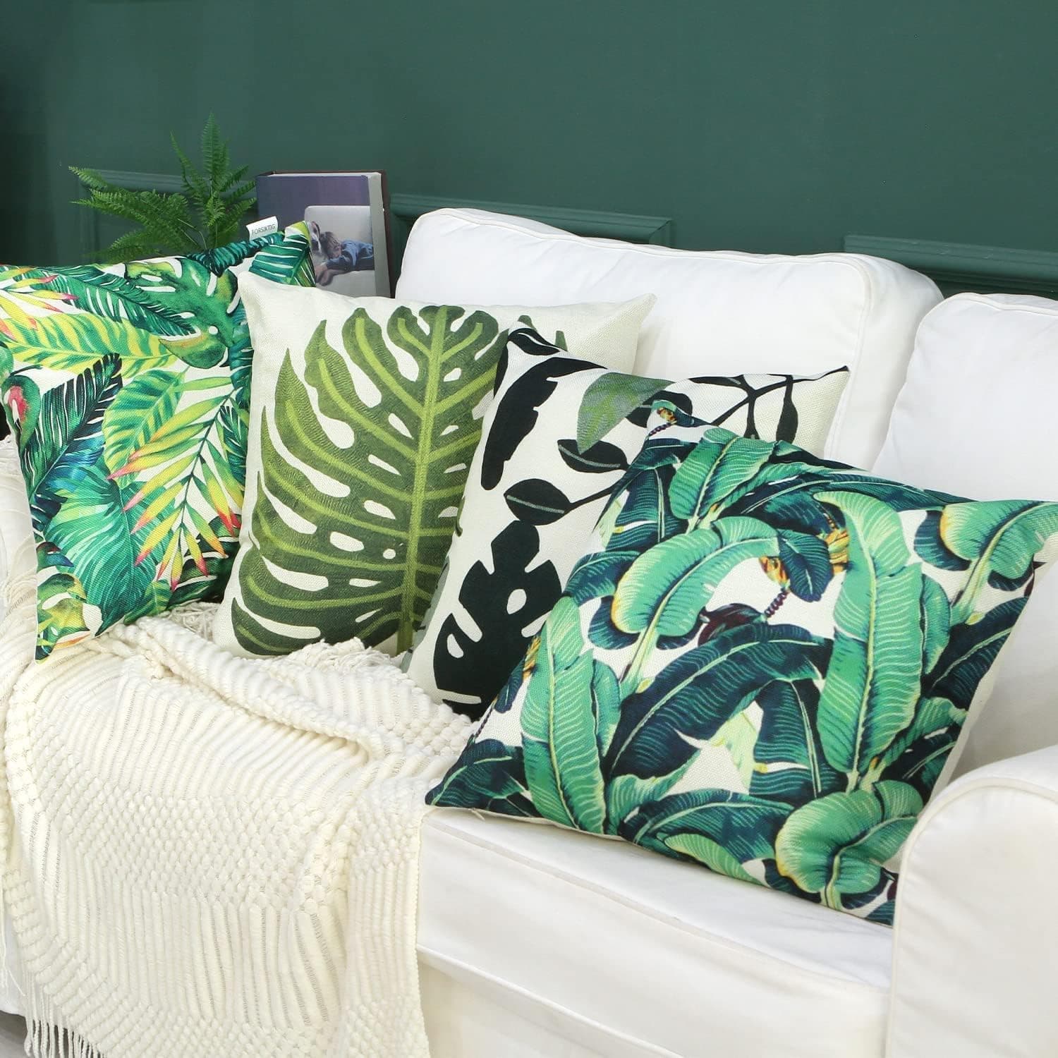 Fosiktig Throw Pillow Covers 18x18 Set of 4,Green,Modern Boho Decorative Pillow Cushion Case for Farmhouse Couch Bed Outdoor Chair Sofa Car