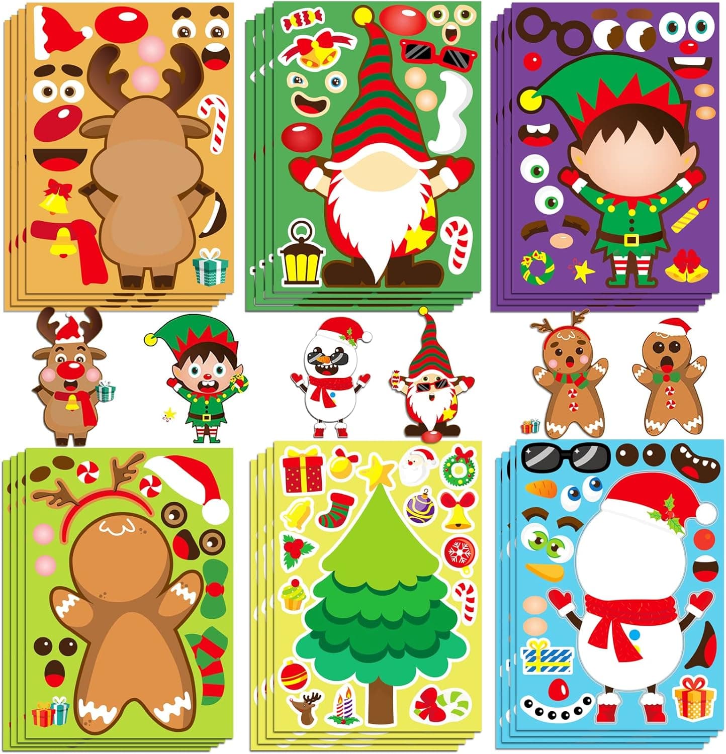 24 Sheets Christmas Party Games Stickers for Kids Crafts, Lorvain Christmas Make a Face Stickers Make Your Own Activities Sticker for Kids Boys Girls Holiday Christmas Party Favors