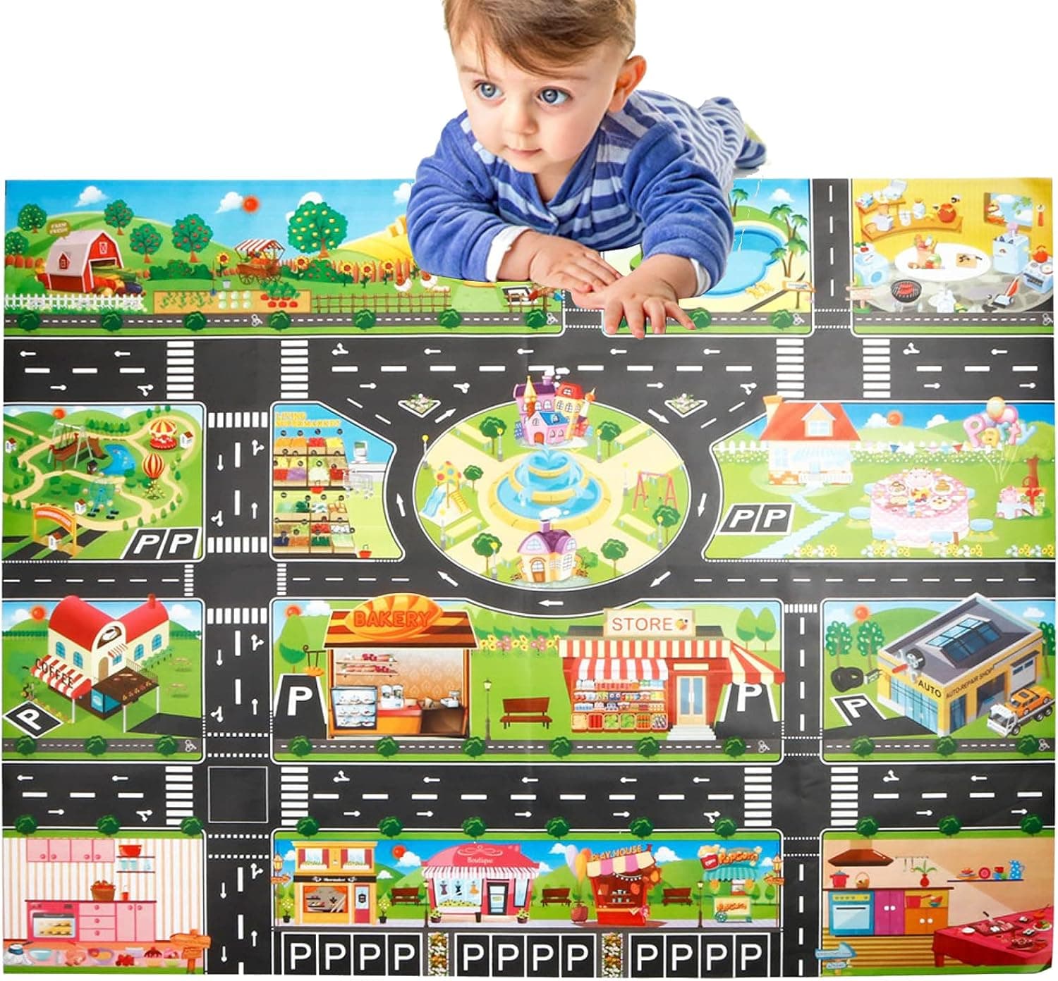 Kids Play Mat City Road Buildings Parking Map - Kids Rug Game Scene Traffic Toy Car Map, Portable Educational Toys, Indoor Activity Center, Great Gift for Children