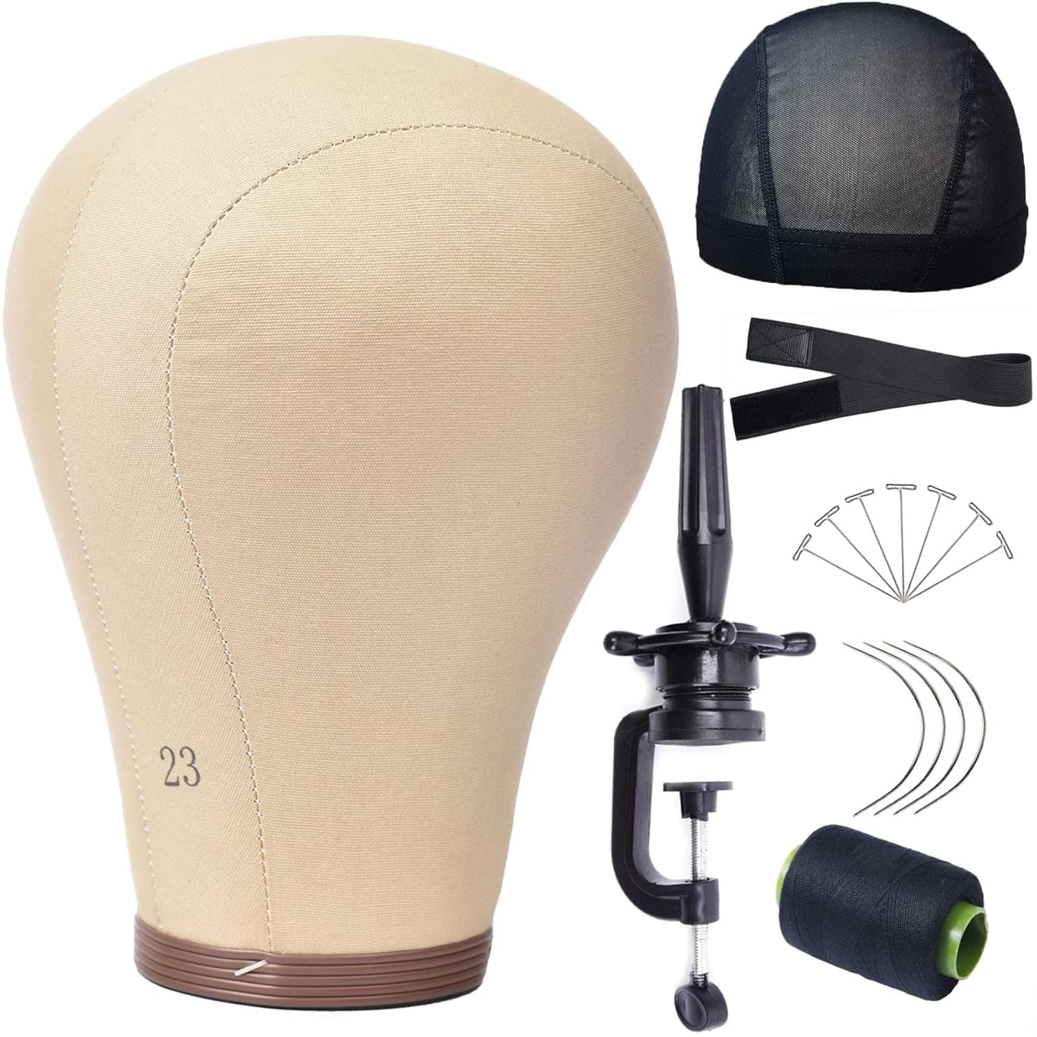 23 Inch Wig Head Cork Canvas Mannequin Head with Stand for Wigs Making With Mount Hole (Cork Head+Wig Stand+Wig Cap+T-Pins)