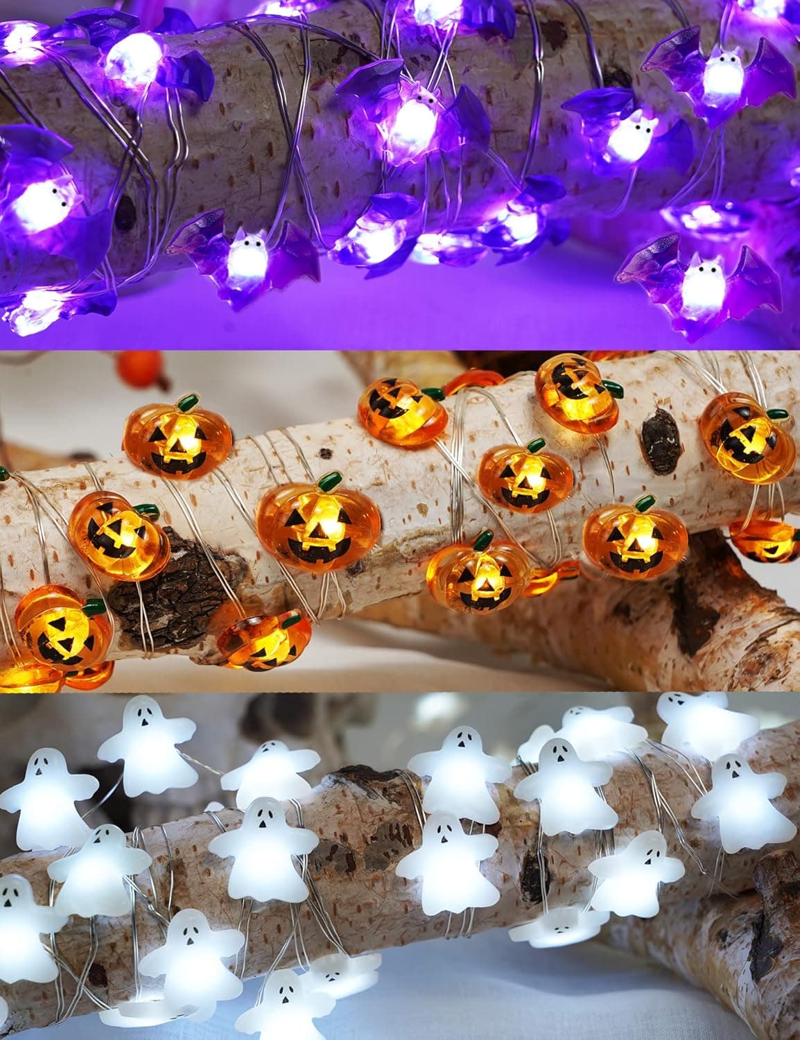 KAiSnova Halloween String Lights 3 Pack Halloween Lights Battery Operated, White Ghost, Orange Pumpkin, Purple Bat, 10ft 30 LED Halloween Fairy Lights for Indoor Outdoor Home Bedroom Yard Decor