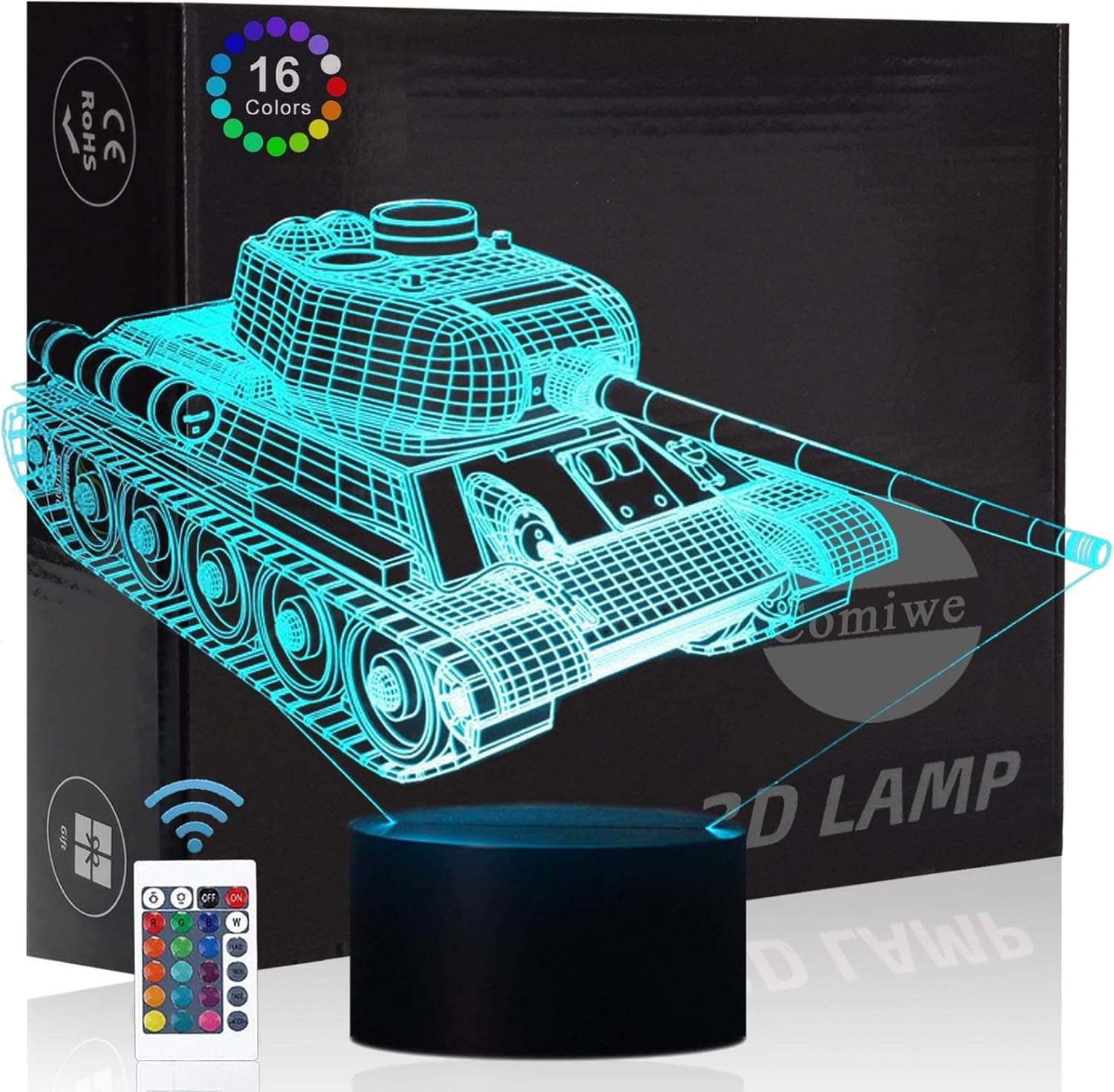 Comiwe Military Tank 3D Illusion Night Light Toys,16 colors Change Smart Touch & Remote Control,Home Decor LED Bedside Table Desk Lamp,Christmas Birthday Gift for Boy Kids Adults Friends & Family