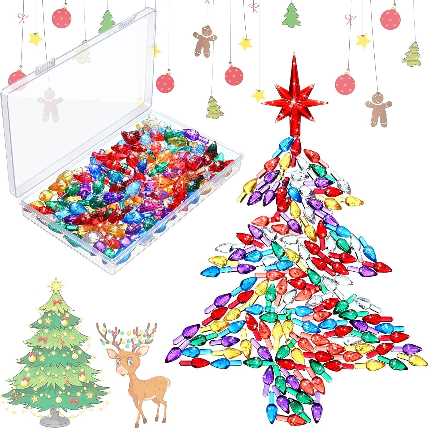 Honoson 206 Pieces Ceramic Christmas Tree Lights Set Including 200 Pieces Christmas Light Replacement Bulbs Light up Twist 5 Pieces Star with Mini Storage Box for Xmas Tree