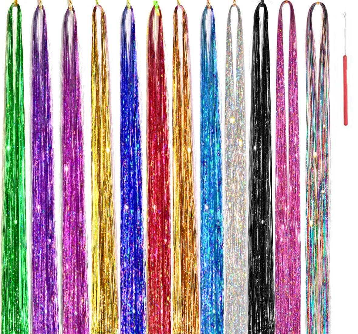 Hair Tinsel Kit 12 Colors 48 Inch 4800 Strands Hair Tinsel Strands Kit With Tools, Fairy Hair Tinsel Heat Resistant Safe hair glitter Tinsel Hair Extensions (12Colors, 4800 Strands)
