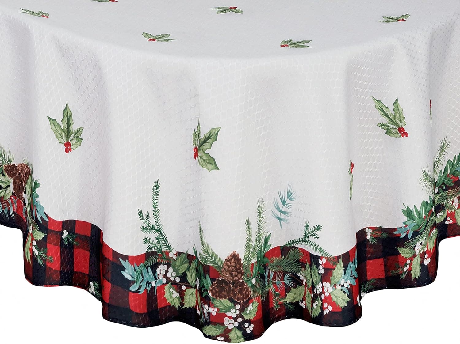 Lintex Aspen Red Black Plaid and Garland Bordered Christmas Tablecloth, Cottage Check Bordered Xmas and Holiday Print Easy Care Fabric Tablecloth, 60 Inch x 84 Inch Oval