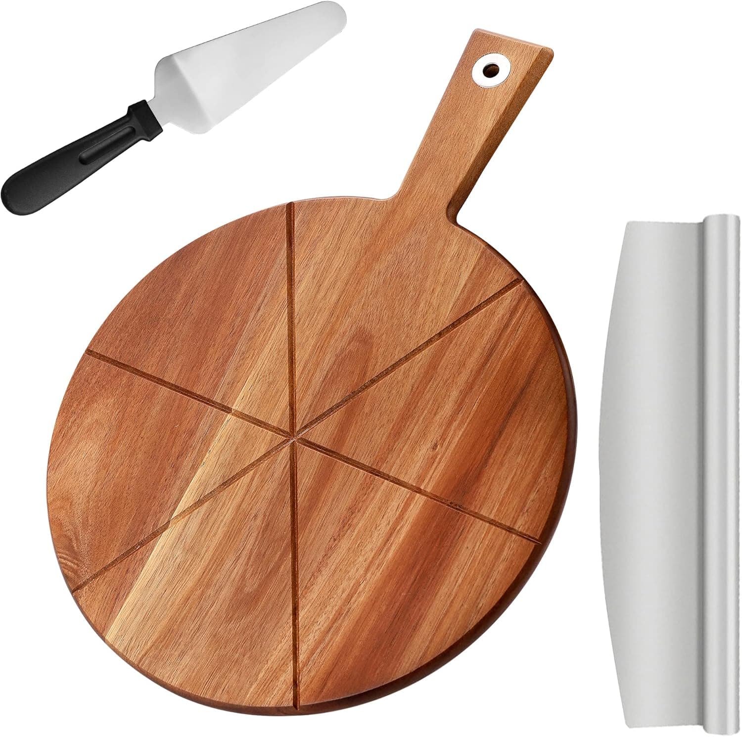 TJ POP Pizza Peel 12 Inch with Pizza Cutter, Round Pizza Paddle, Acacia Wood Pizza Cutting Board, Cheese Serving Board