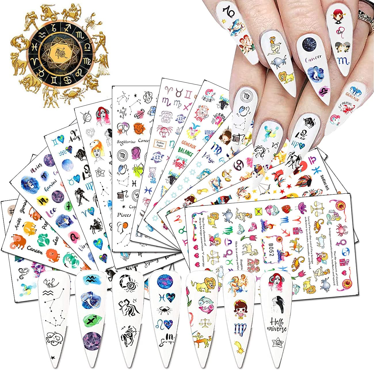 12 Constellation Nail Art Stickers, Colorful Astrology Zodiac Nail Decals for Nail Arts Cartoon Words Stars Manicure Tips foils for Women Kids Girls, Acrylic Nails Decoration Fashion Unique Nail Beauty Charms