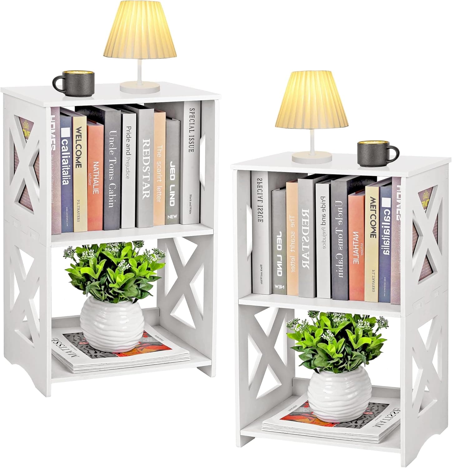 BYFU 3-Tier Side Table Set of 2, Narrow End Table with Storage Shelf, White Nightstand Bedside Table Small Bookshelf Bookcase Display Rack for Bedroom Bathroom Living Room Office
