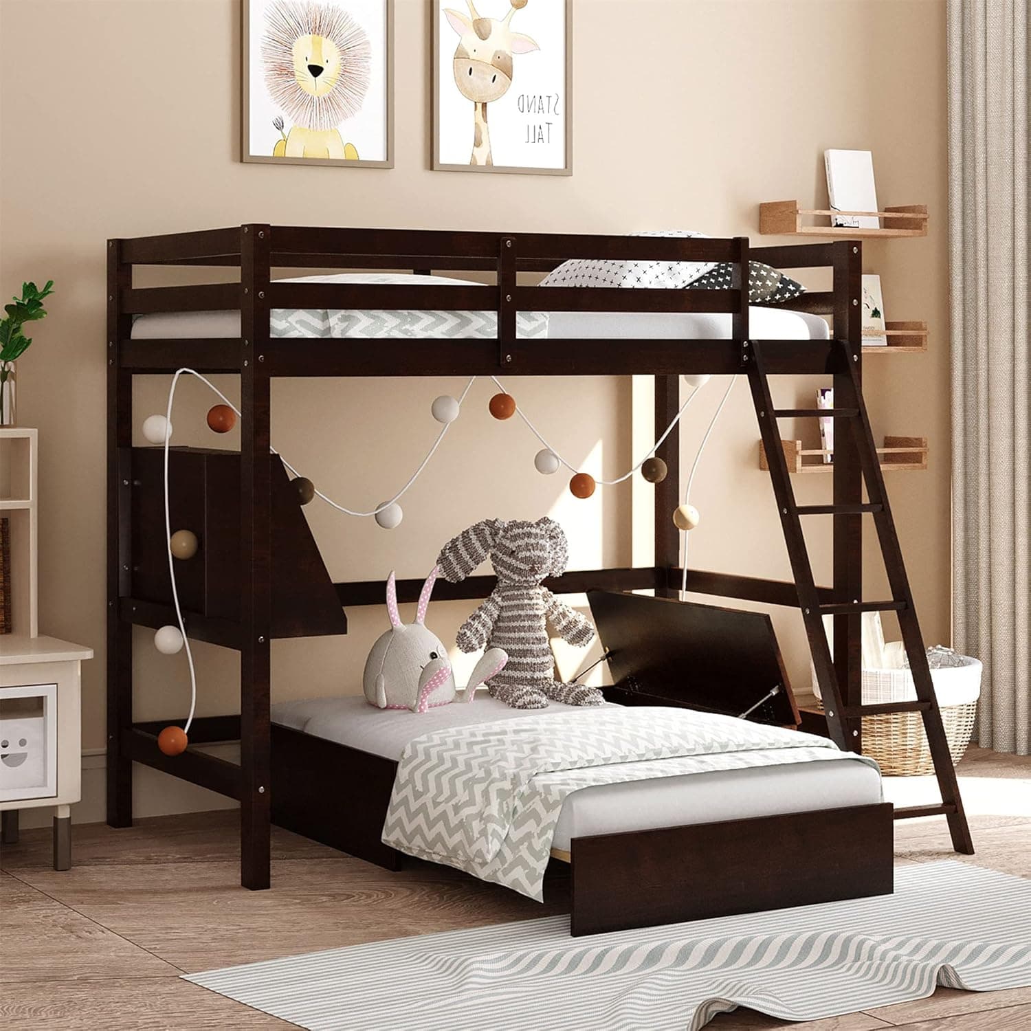 Harper & Bright Designs Twin Loft Bed with Convertible Lower Bed, Wood Twin Over Twin Bunk Bed Frame with Storage Drawer and Shelf, Multifunctional Loft Bed for Kids Teens Adults (Espresso)