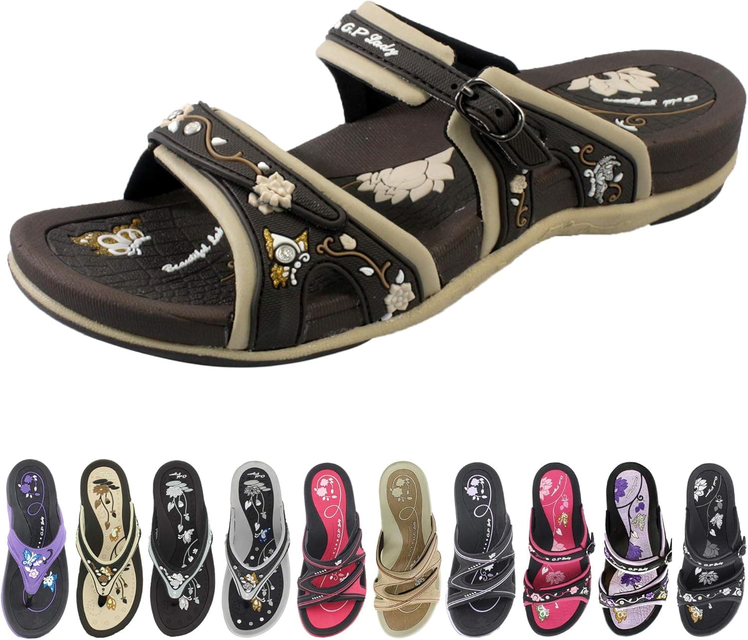Gold Pigeon Shoes Signature Slide Sandals for Women: 6875 Brown, EU40 (US Size 9-9.5)