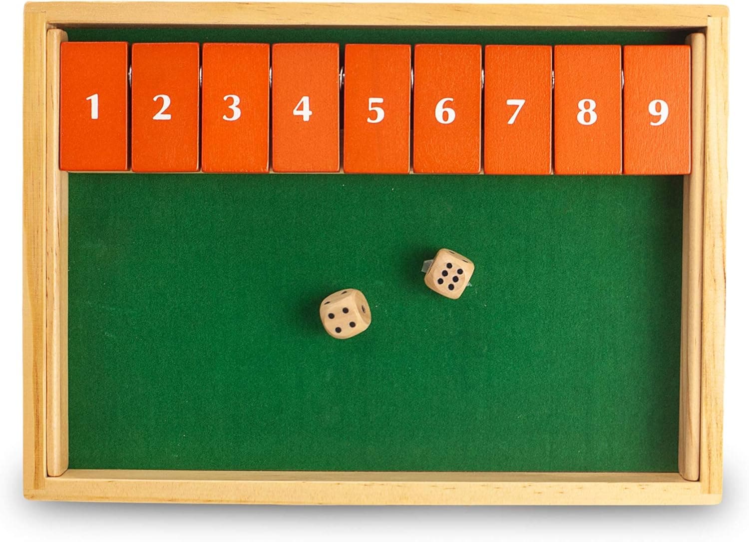 Sterling Games Shut The Box Wooden Game Board with 9 Numbers Dice Included with Felted Rolling Surface