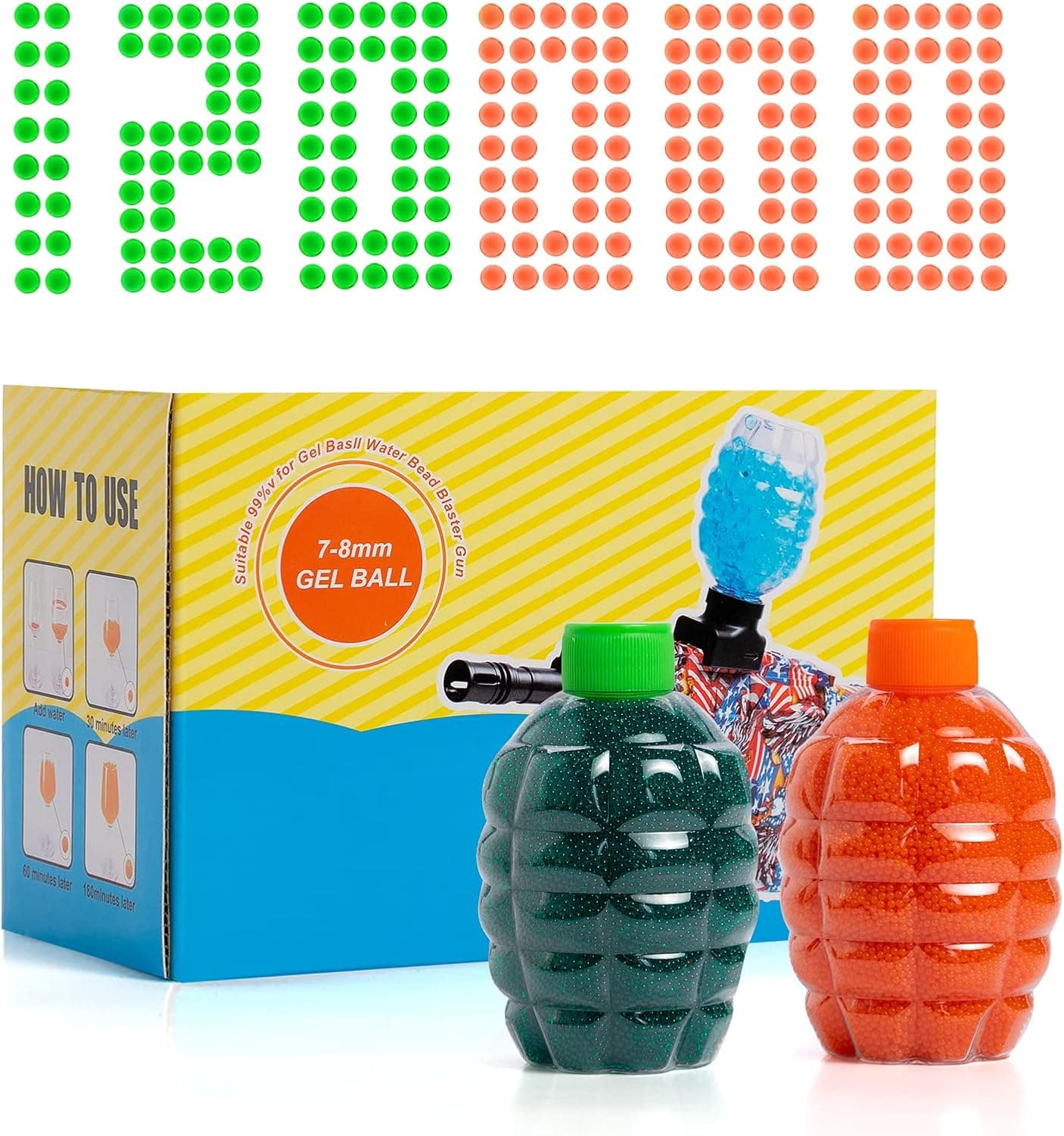 Gel Balls Blaster Ammo Splat Gun Refill(7-8 mm,2 Packs,60000 Pieces Per Pack), Gel 7.5mm Blasters Bullets Water Beads, Compatible with Splatter Ball Gun and Orbeez Gun,