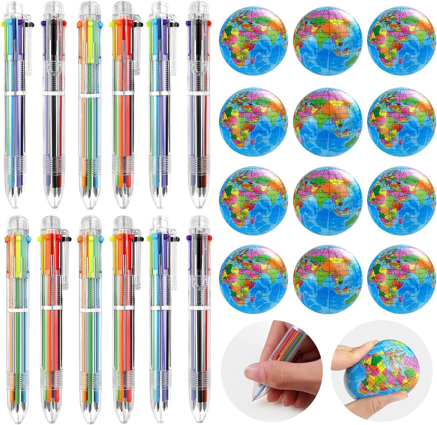 Ndeno 24 Pcs Earth Stress Balls Bulk for Adults and Kids with 0.5mm 6-in-1 Multicolor Ballpoint Pen, Globe Squeeze Balls Relief Toys, Globe Squeeze Balls Bulk