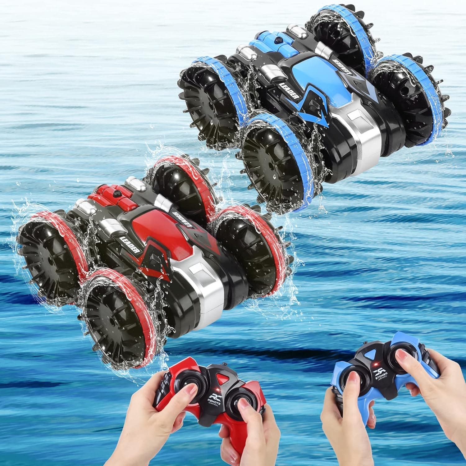 2 Pack Amphibious Remote Control Cars for Boys 5-12, 4WD 2.4GHz Waterproof RC Stunt Car for Kids, Rotating 360° Off Road All Terrain RC Vehicle Water Beach Pool Toy, Blue+Red