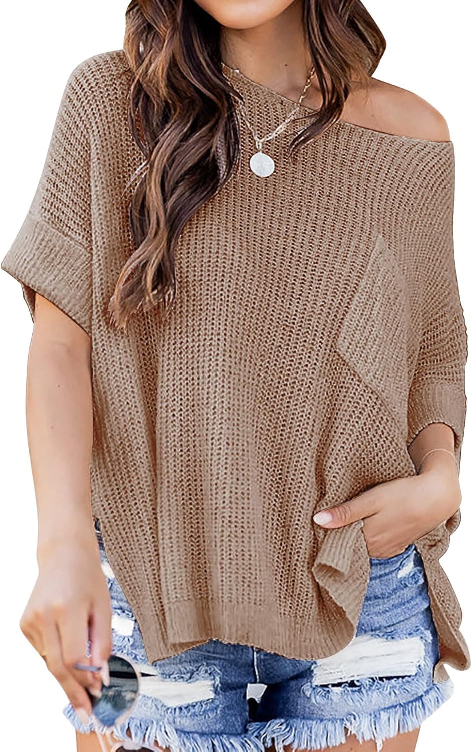 Womens Off Shoulder Sweater Half Sleeve Knitted Sid Slit Solid Color Pullover Tops with One Chest Pocket