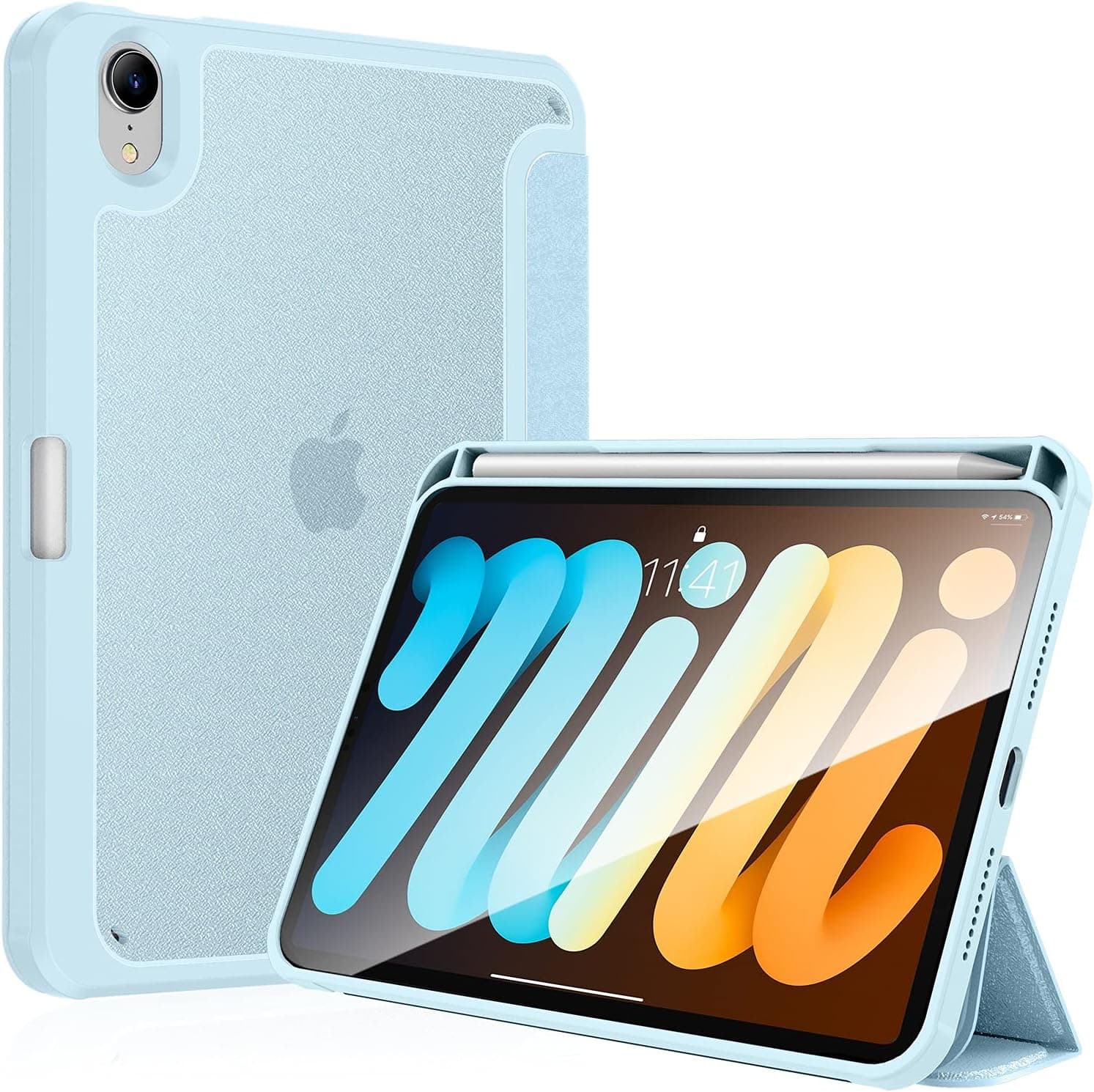Bokeer iPad Mini 6 Case/iPad Mini 6th Generation Case with Pencil Holder, Hard PC Translucent Frosted Back with Soft Edge Bumper, Support Auto Sleep/Wake (Ice Blue)