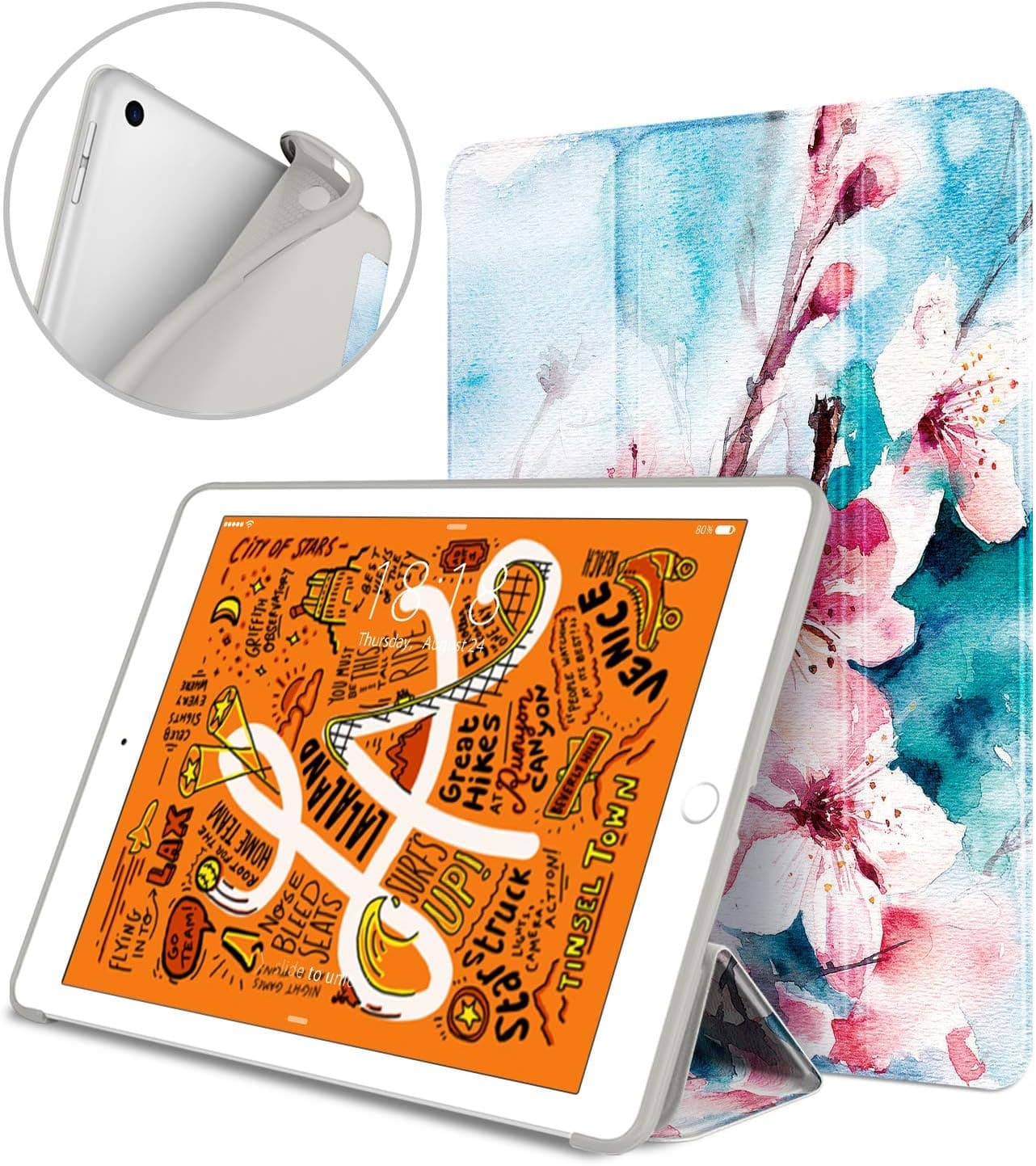 DTTO iPad Mini 5th Generation 2019 Case, [Gentle Series] Smart Cover Trifold Stand Soft Back Cover for iPad Mini 5 2019/iPad Mini 4 2015 [Auto Sleep/Wake], Peach Blossom