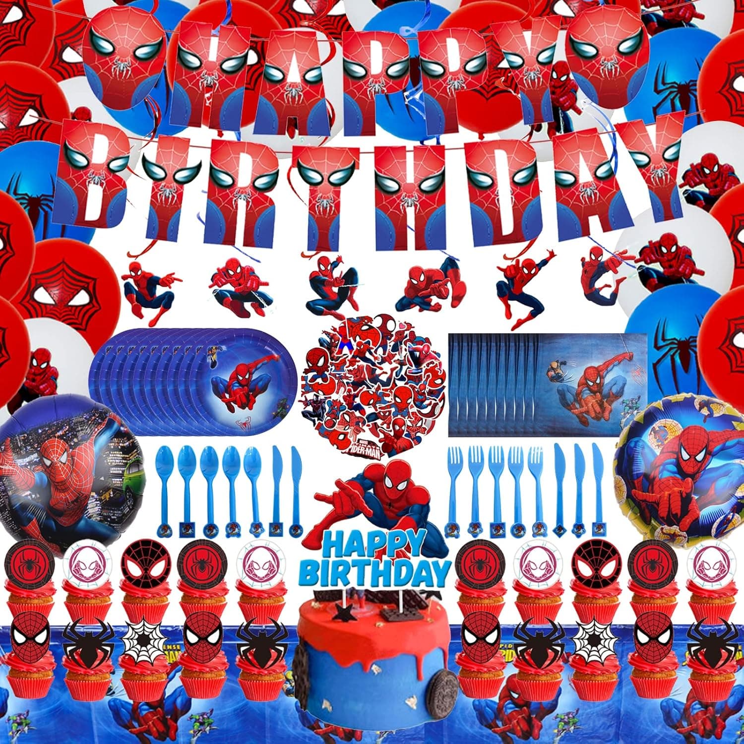 154Pcs Spidey Birthday Decorations,Serves 10 Guests,Includes Tableware,Banner,Hanging Swirls,Foil Balloon, Tablecloth, Cake Topper and Cupcake Toppers,Napkins,for Kid Birthday Decoration.