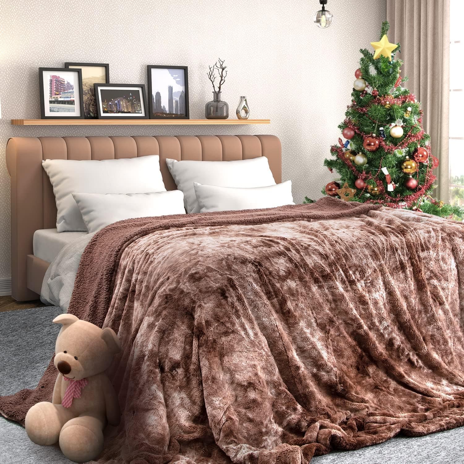 Lucian Faux Fur Blanket Queen Size Brown for Bed, Soft Fuzzy Plush Fluffy Sherpa Fleece Blankets,Reversible Tie-dye Shaggy Warm Cozy Furry Blanket, Decorative Comfy Accent Large Blanket (90"x90")