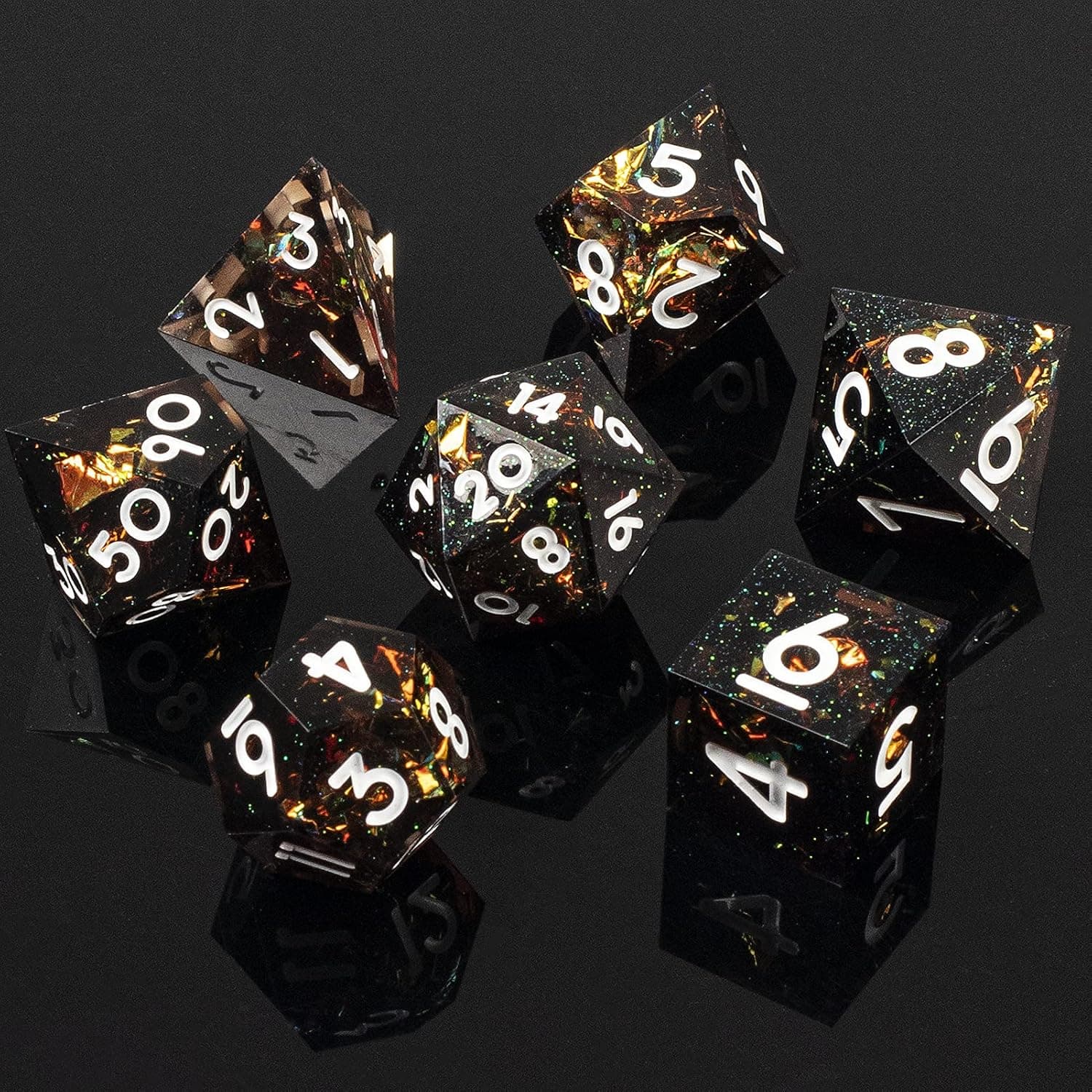 Sharp DND Dice Set, HNCCESG Polyhedral Dice Set 7 Piece Resin Dice Suitable for Dungeons and Dragons RPG MTG Table Games D&D Pathfinder Shadowrun Role Playing Dice (Galaxy Black-V)