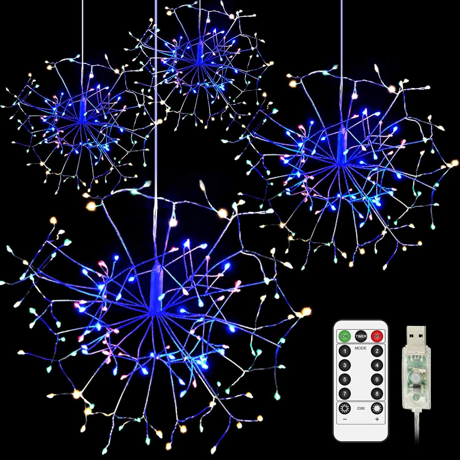 CP3 4Pcs Firework Lights 120 LED Copper Wire Starburst Lights, 8 Modes Fairy Lights with Remote, USB Power Multi-Color String Lights for Christmas Bedroom Party Indoor Outdoor Decoration
