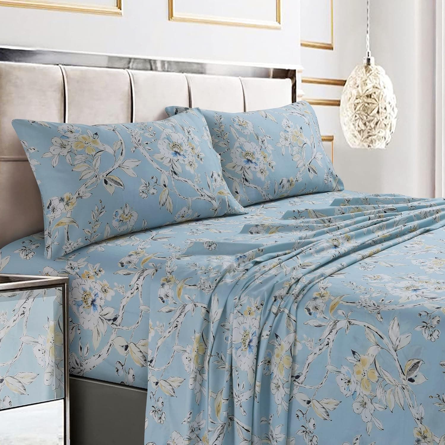 Tribeca Living Twin XL Bed Sheet Set, Soft Cotton Sateen Printed Sheets Floral Print, Extra Deep Pocket, 300 Thread Count, 3-Piece Bedding Sets, Colmar Sky Blue/Multi, (COLM4PSSTWXSK)