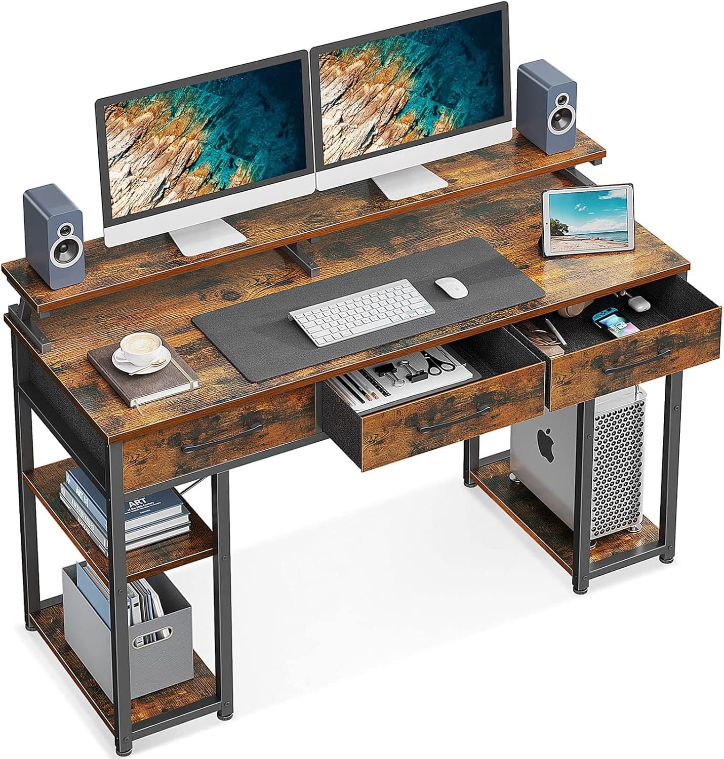 ODK Computer Desk with Drawers and Storage Shelves, 47 inch Home Office Desk with Monitor Stand, Modern Work Study Writing Table Desk for Small Spaces, Vintage