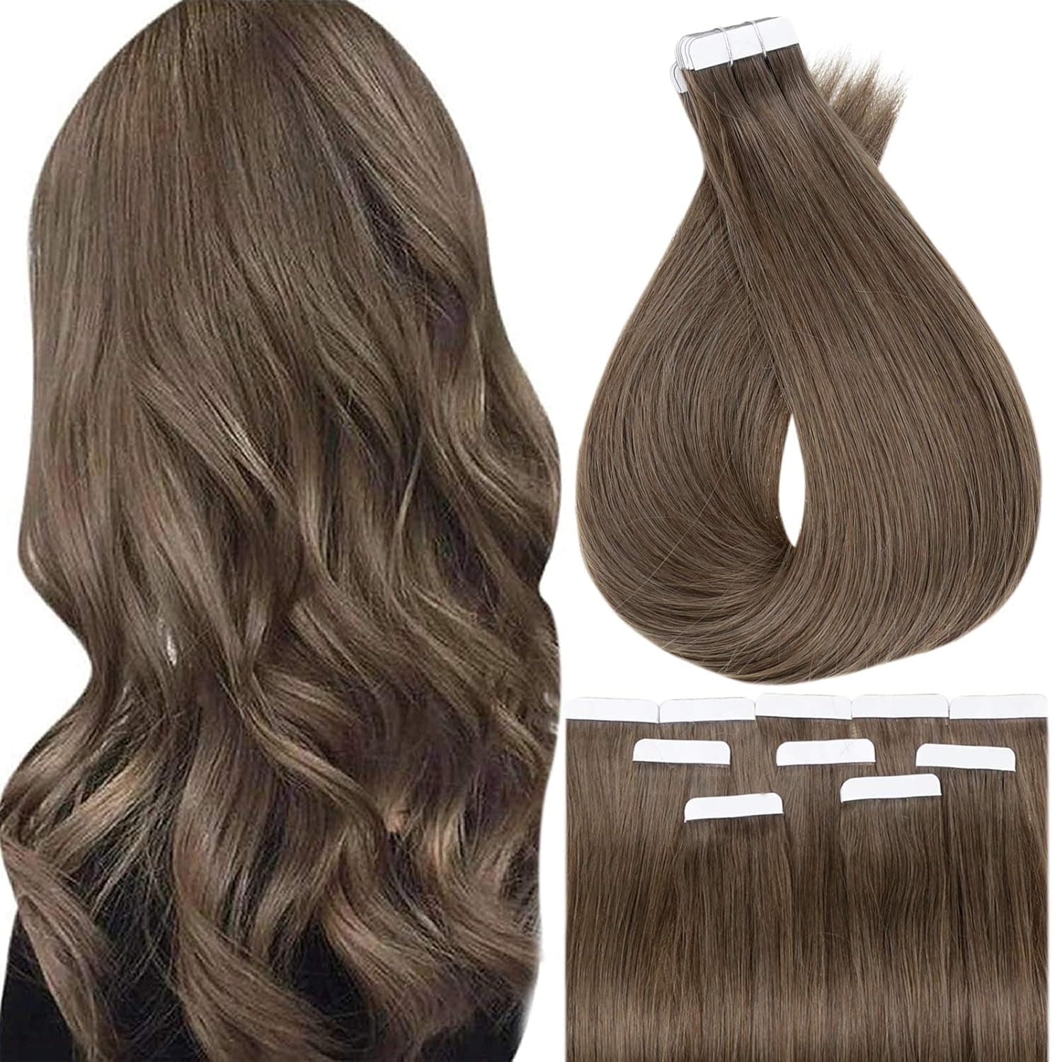 Full Shine Tape in Hair Extensions Brown 16 Inch Color 6 Chestnut Brown Tape in Extensions Remy Human Hair 50 Grams Glue in Hair Extension 20 Pieces Pu Tape in Hair